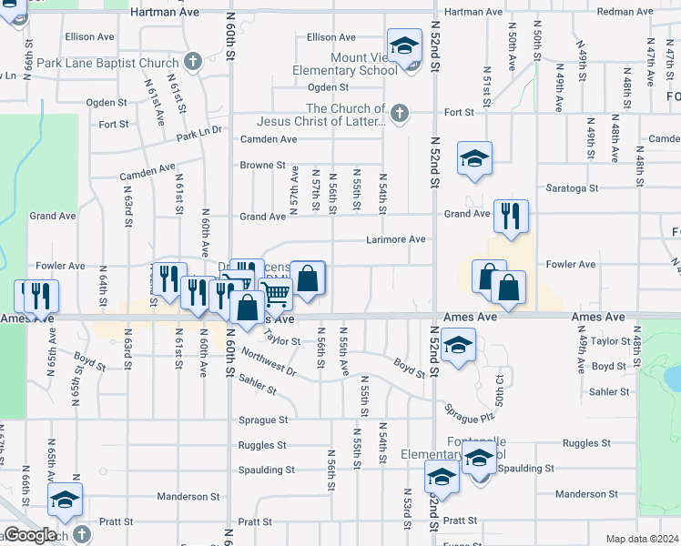 map of restaurants, bars, coffee shops, grocery stores, and more near 4628 North 56th Street in Omaha