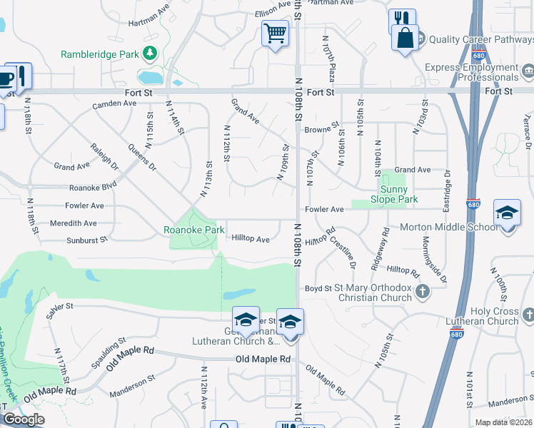 map of restaurants, bars, coffee shops, grocery stores, and more near 10940 Fowler Avenue in Omaha