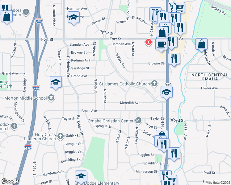 map of restaurants, bars, coffee shops, grocery stores, and more near 4645 North 94th Street in Omaha