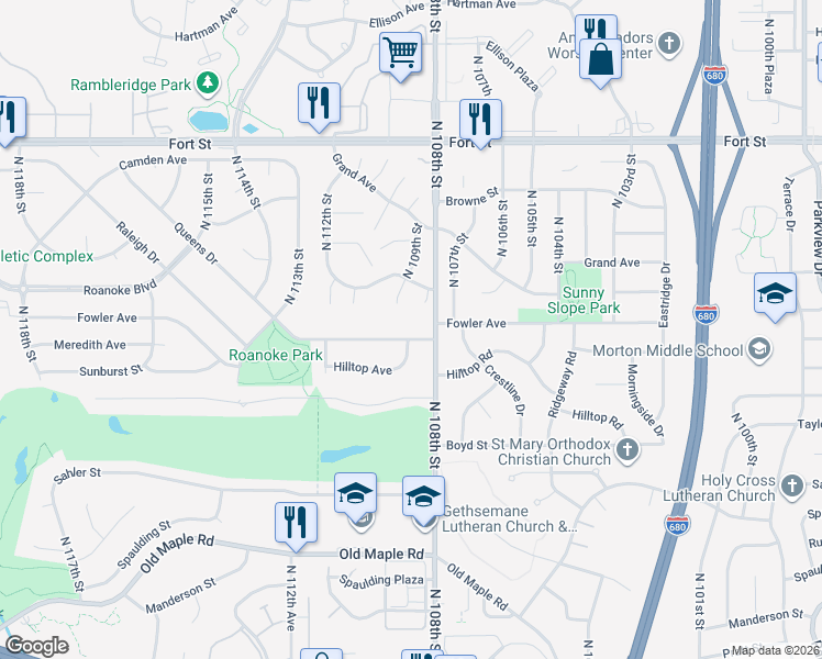 map of restaurants, bars, coffee shops, grocery stores, and more near 10824 Fowler Avenue in Omaha
