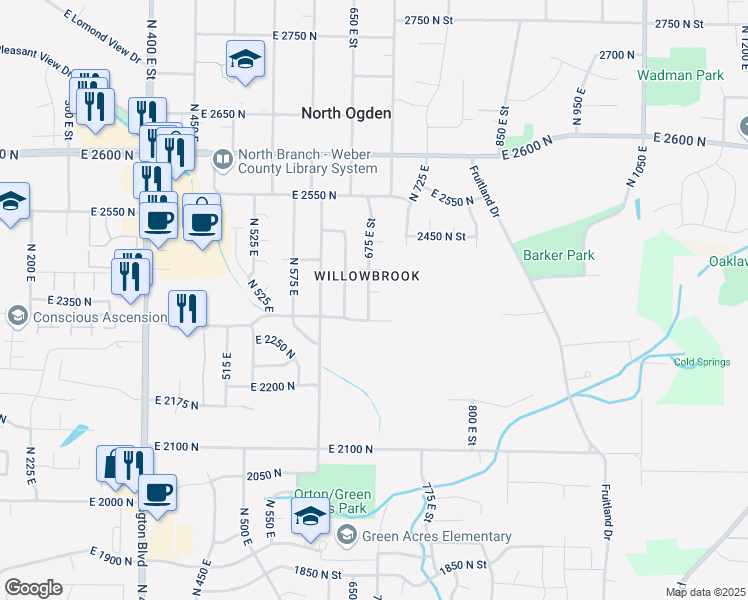 map of restaurants, bars, coffee shops, grocery stores, and more near 2340 675 East Street in Ogden