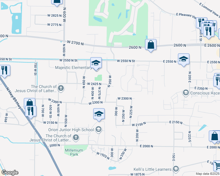 map of restaurants, bars, coffee shops, grocery stores, and more near 2418 North 350 West in Ogden