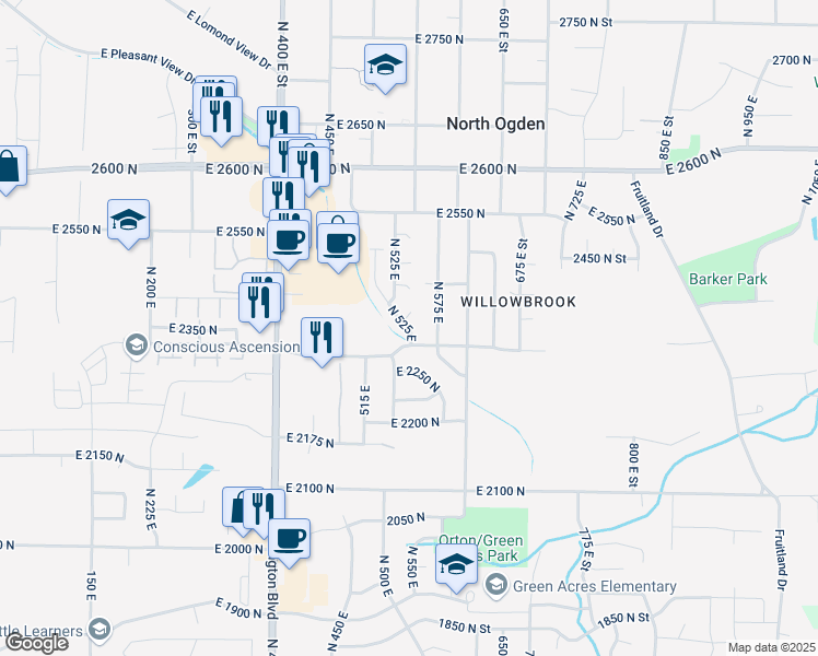 map of restaurants, bars, coffee shops, grocery stores, and more near 525 East in North Ogden