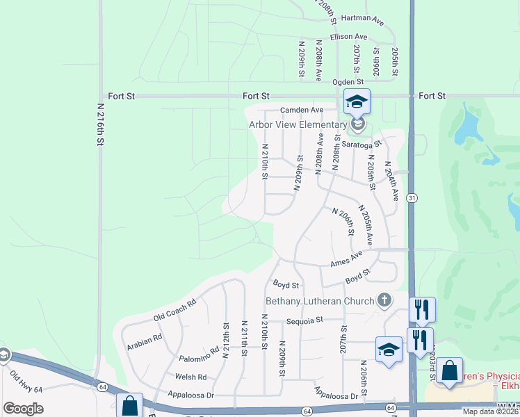 map of restaurants, bars, coffee shops, grocery stores, and more near 4651 North 209th Street in Omaha