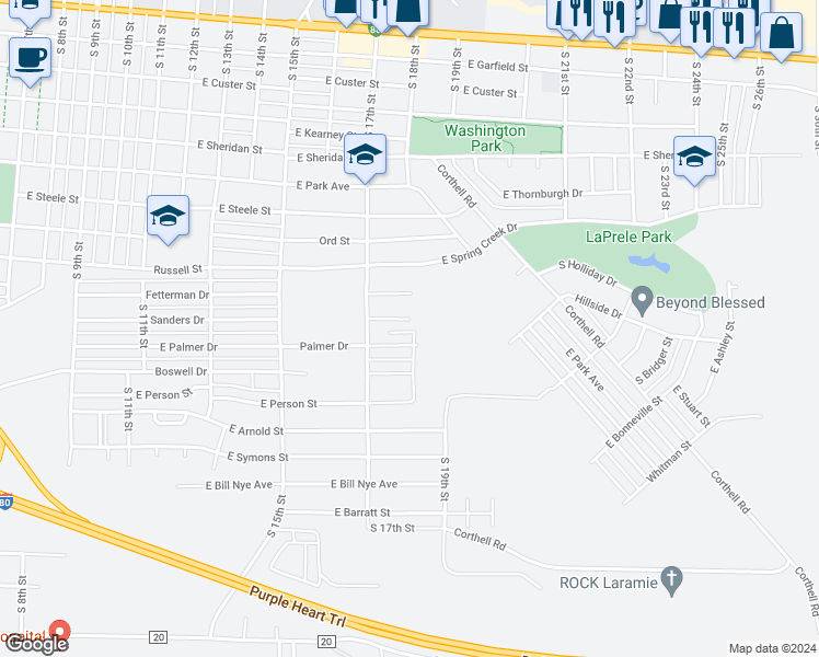 map of restaurants, bars, coffee shops, grocery stores, and more near 1804 Sanders Drive in Laramie