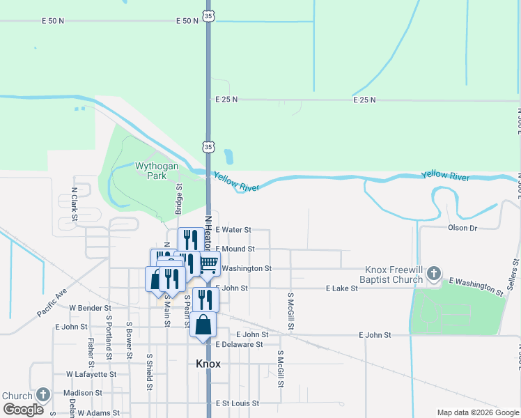 map of restaurants, bars, coffee shops, grocery stores, and more near 401 East Water Street in Knox