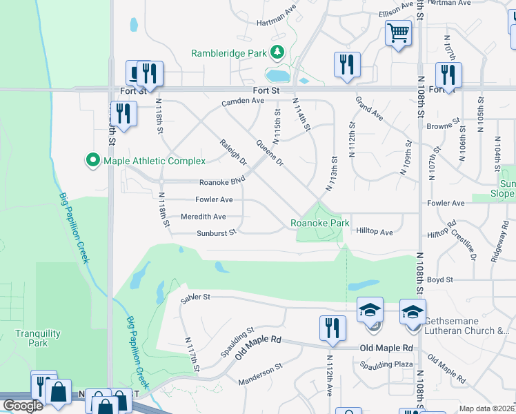map of restaurants, bars, coffee shops, grocery stores, and more near 11425 Fowler Avenue in Omaha