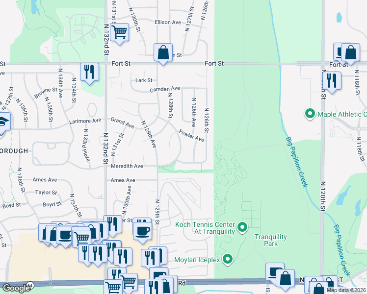 map of restaurants, bars, coffee shops, grocery stores, and more near 4651 North 127th Street in Omaha