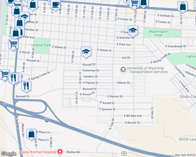 map of restaurants, bars, coffee shops, grocery stores, and more near 1315 Palmer Drive in Laramie