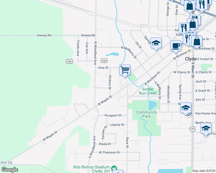 map of restaurants, bars, coffee shops, grocery stores, and more near 103 Walnut Street in Clyde