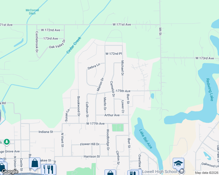 map of restaurants, bars, coffee shops, grocery stores, and more near 17495 Camelot Drive in Lowell