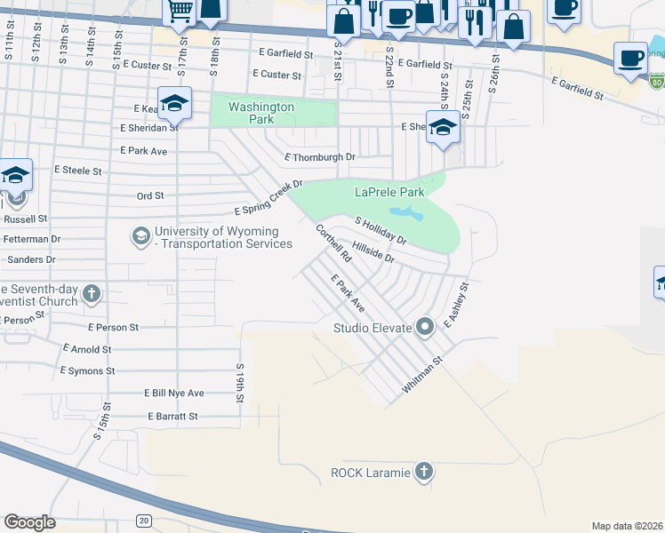 map of restaurants, bars, coffee shops, grocery stores, and more near 136-196 S Corthell Rd in Laramie