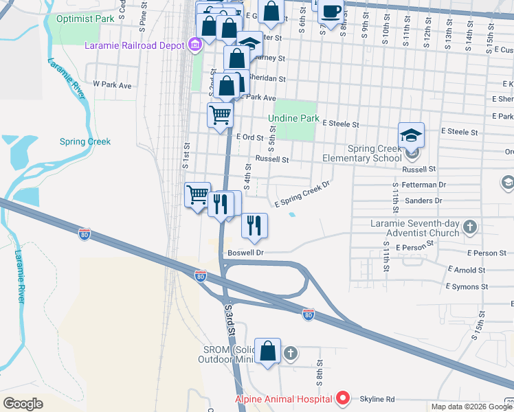 map of restaurants, bars, coffee shops, grocery stores, and more near 400-498 E Sanders Dr in Laramie