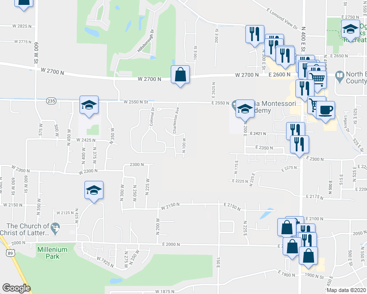 map of restaurants, bars, coffee shops, grocery stores, and more near 2415 North 100 West in Harrisville