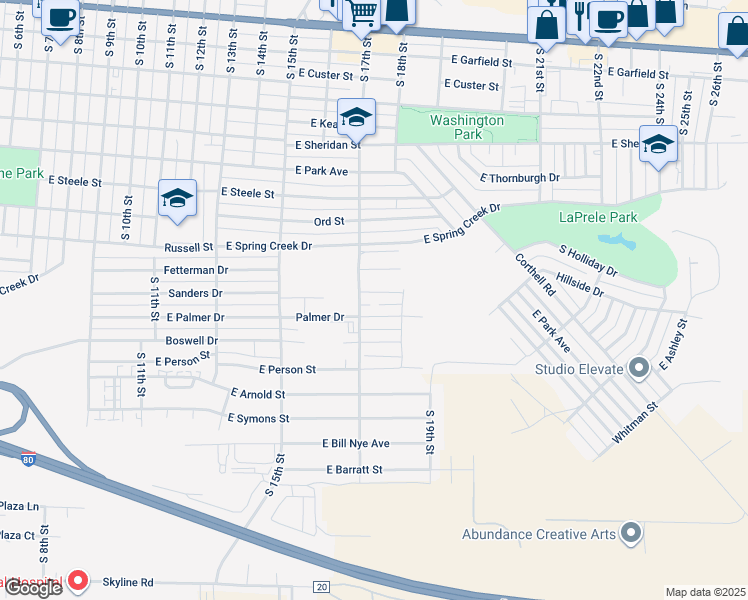 map of restaurants, bars, coffee shops, grocery stores, and more near 1710 Sanders Drive in Laramie
