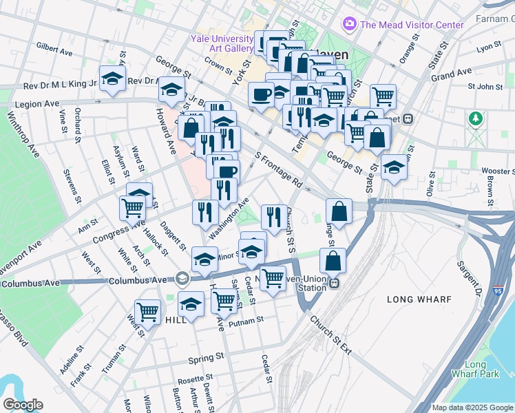 map of restaurants, bars, coffee shops, grocery stores, and more near 22 Gold Street in New Haven