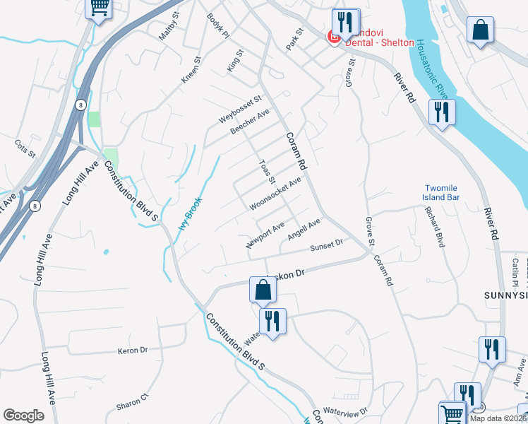 map of restaurants, bars, coffee shops, grocery stores, and more near 33 Westminster Avenue in Shelton