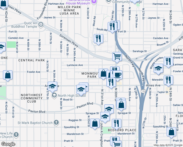 map of restaurants, bars, coffee shops, grocery stores, and more near 3185 Fowler Avenue in Omaha