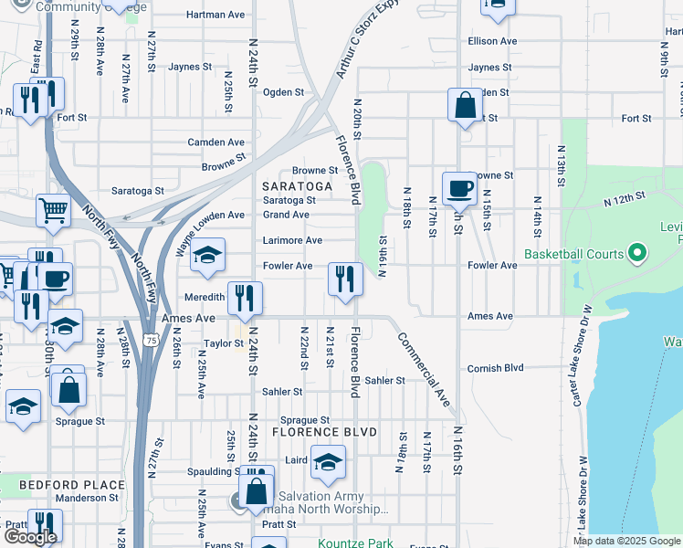 map of restaurants, bars, coffee shops, grocery stores, and more near 2017 Fowler Avenue in Omaha