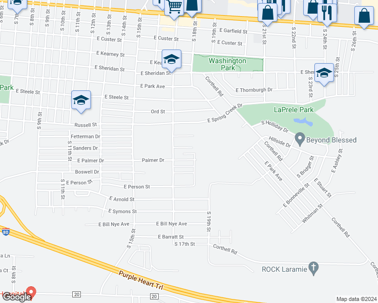 map of restaurants, bars, coffee shops, grocery stores, and more near 1736 Sanders Drive in Laramie