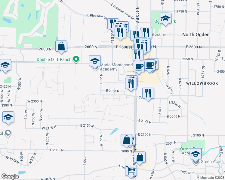 map of restaurants, bars, coffee shops, grocery stores, and more near 2355 North 275 East in North Ogden