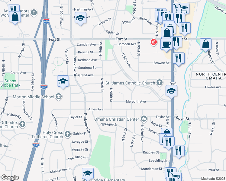 map of restaurants, bars, coffee shops, grocery stores, and more near 4624 North 95th Street in Omaha