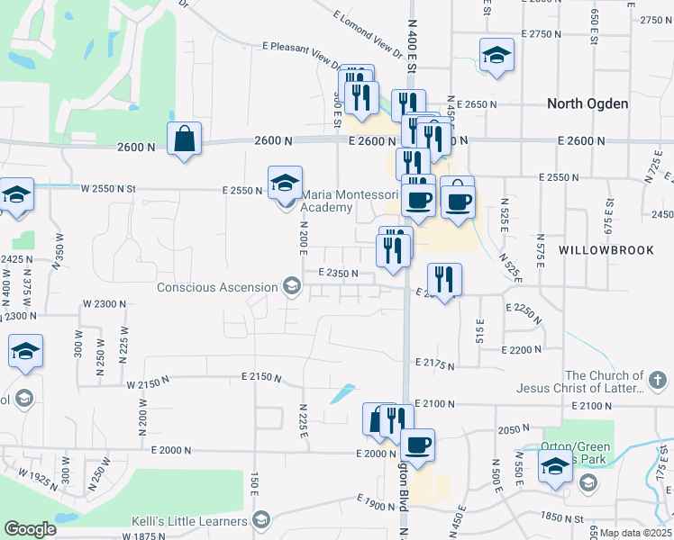 map of restaurants, bars, coffee shops, grocery stores, and more near 2355 North 275 East in North Ogden
