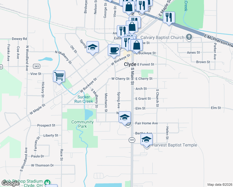 map of restaurants, bars, coffee shops, grocery stores, and more near 143 Spring Ave in Clyde