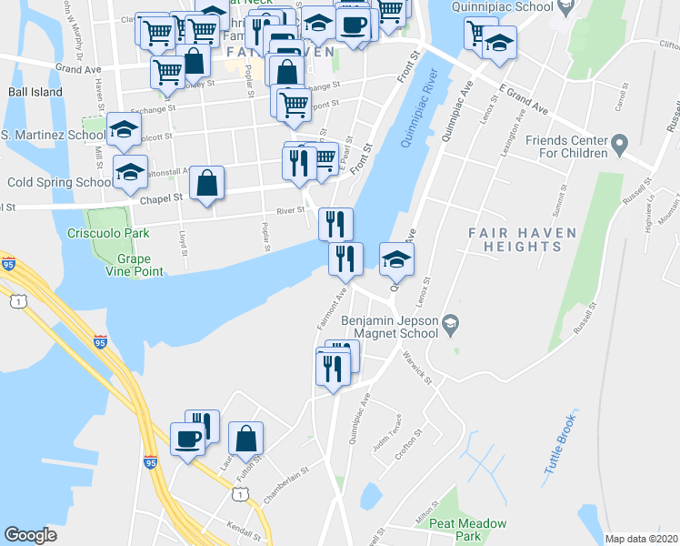 map of restaurants, bars, coffee shops, grocery stores, and more near 70 Ferry Street in New Haven