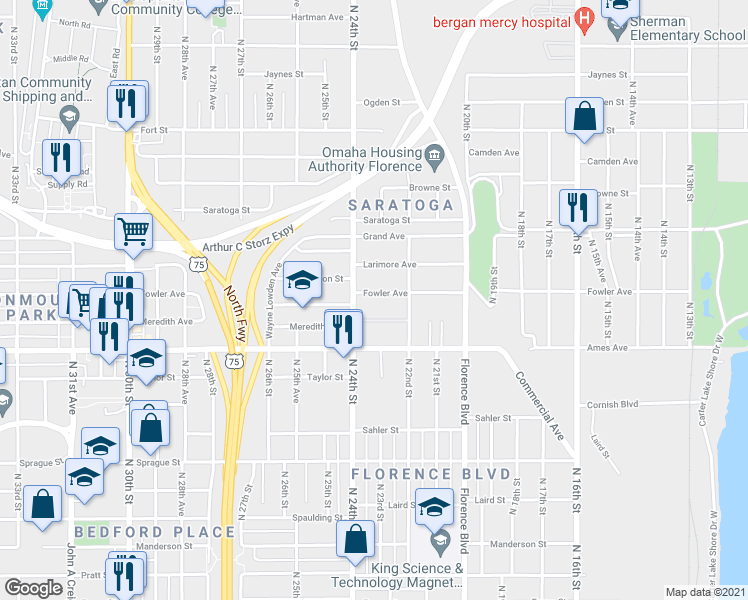 map of restaurants, bars, coffee shops, grocery stores, and more near 2305 Fowler Avenue in Omaha
