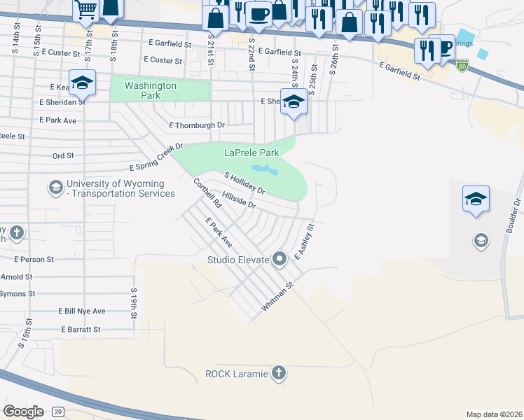 map of restaurants, bars, coffee shops, grocery stores, and more near 2300 Hillside Drive in Laramie
