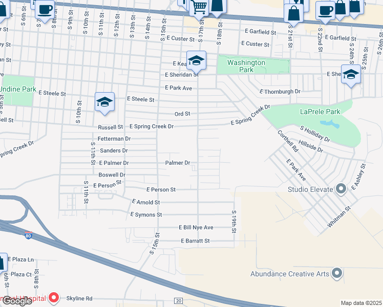 map of restaurants, bars, coffee shops, grocery stores, and more near 1631 Palmer Drive in Laramie