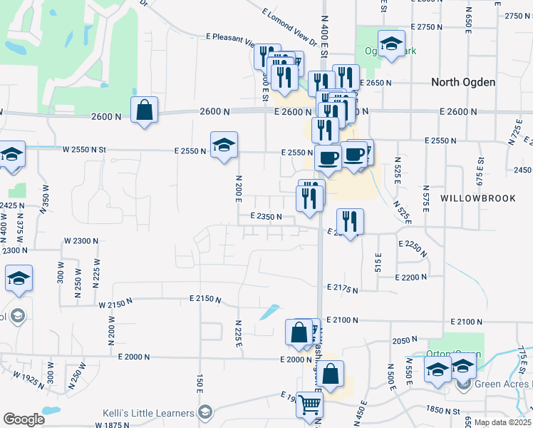 map of restaurants, bars, coffee shops, grocery stores, and more near 2355 North 275 East in North Ogden