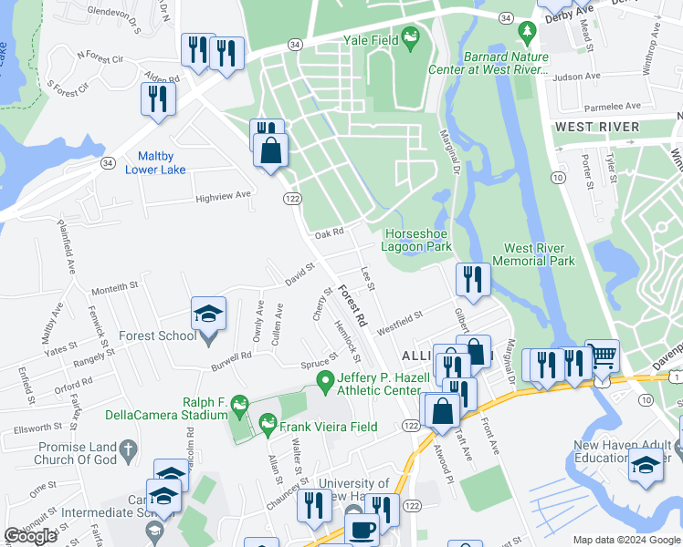 map of restaurants, bars, coffee shops, grocery stores, and more near 204 Forest Road in West Haven