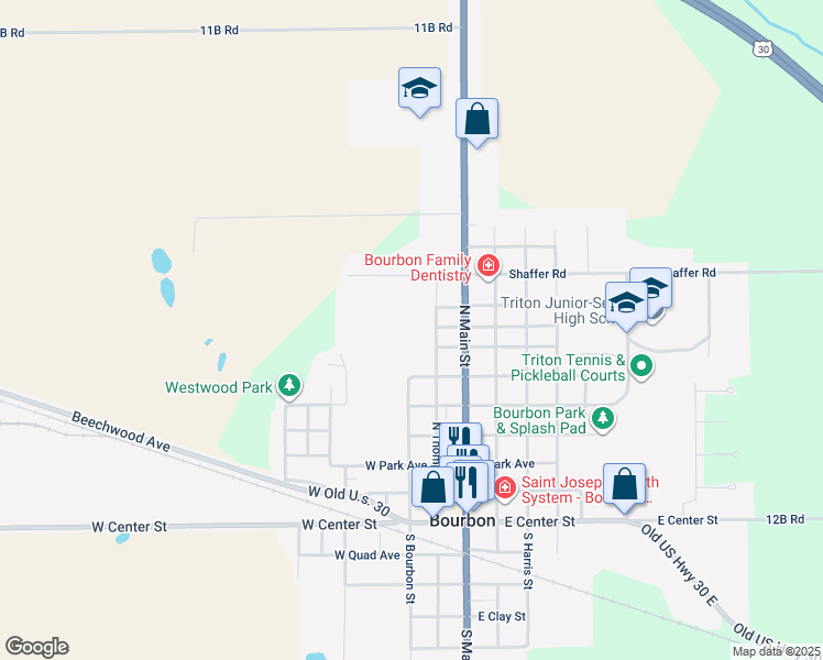 map of restaurants, bars, coffee shops, grocery stores, and more near 200 West Florence Street in Bourbon