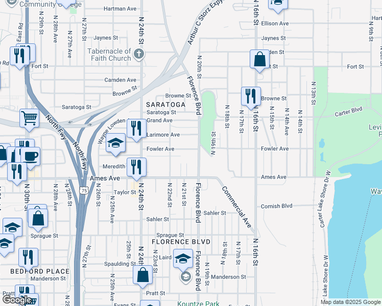 map of restaurants, bars, coffee shops, grocery stores, and more near 2017 Fowler Avenue in Omaha