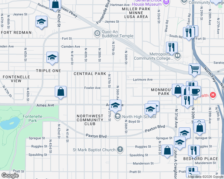 map of restaurants, bars, coffee shops, grocery stores, and more near 4615 North 37th Street in Omaha