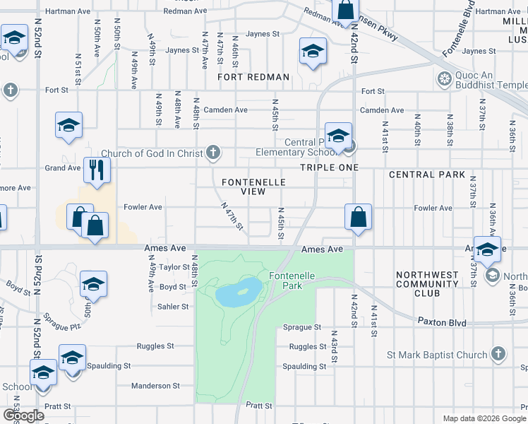 map of restaurants, bars, coffee shops, grocery stores, and more near 4552 Butler Avenue in Omaha