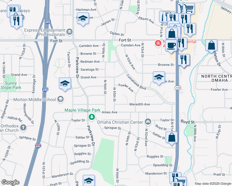 map of restaurants, bars, coffee shops, grocery stores, and more near 4624 North 95th Street in Omaha