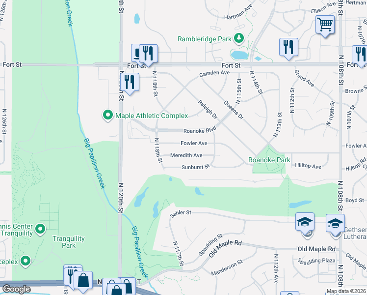 map of restaurants, bars, coffee shops, grocery stores, and more near 11698 Meredith Avenue in Omaha