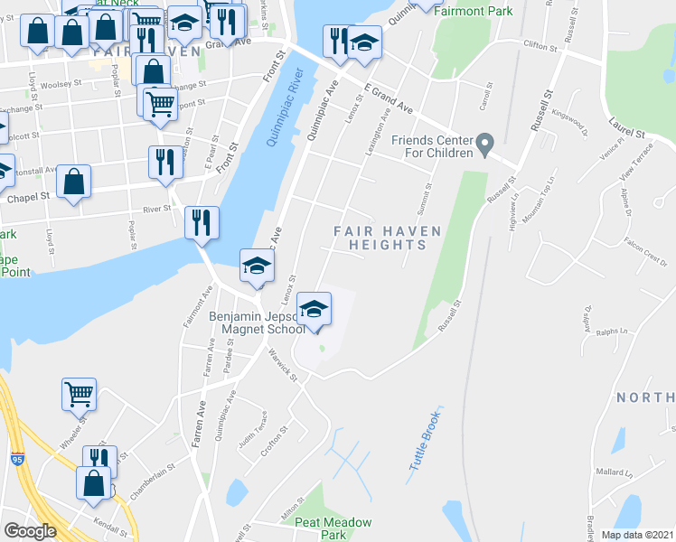 map of restaurants, bars, coffee shops, grocery stores, and more near 127 Lexington Avenue in New Haven