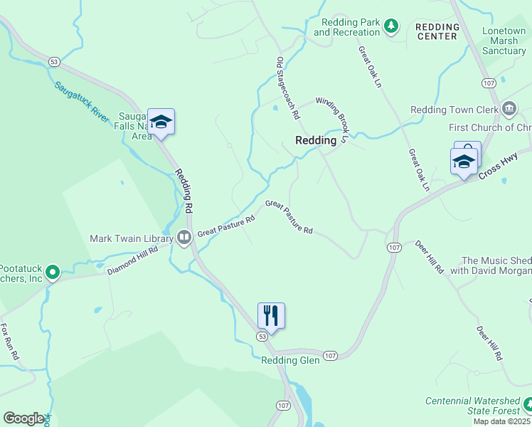 map of restaurants, bars, coffee shops, grocery stores, and more near 20 Great Pasture Road in Redding