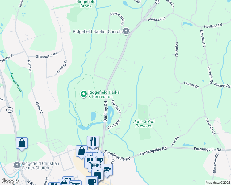 map of restaurants, bars, coffee shops, grocery stores, and more near 2 Redwood Lane in Ridgefield