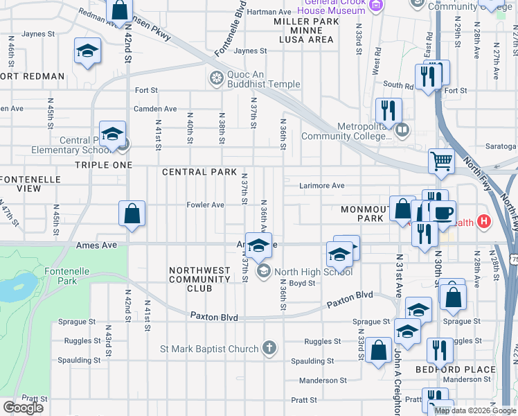 map of restaurants, bars, coffee shops, grocery stores, and more near 4543 North 36th Avenue in Omaha