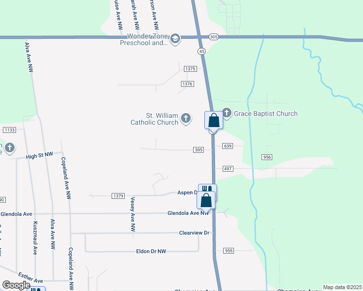 map of restaurants, bars, coffee shops, grocery stores, and more near 2172 Township Highway 595 in Warren