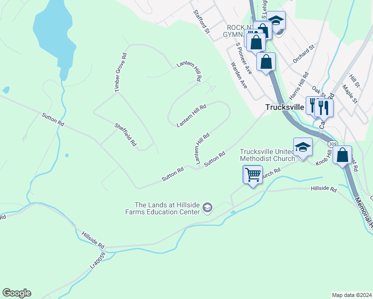map of restaurants, bars, coffee shops, grocery stores, and more near 75 Lantern Hill Road in Shavertown