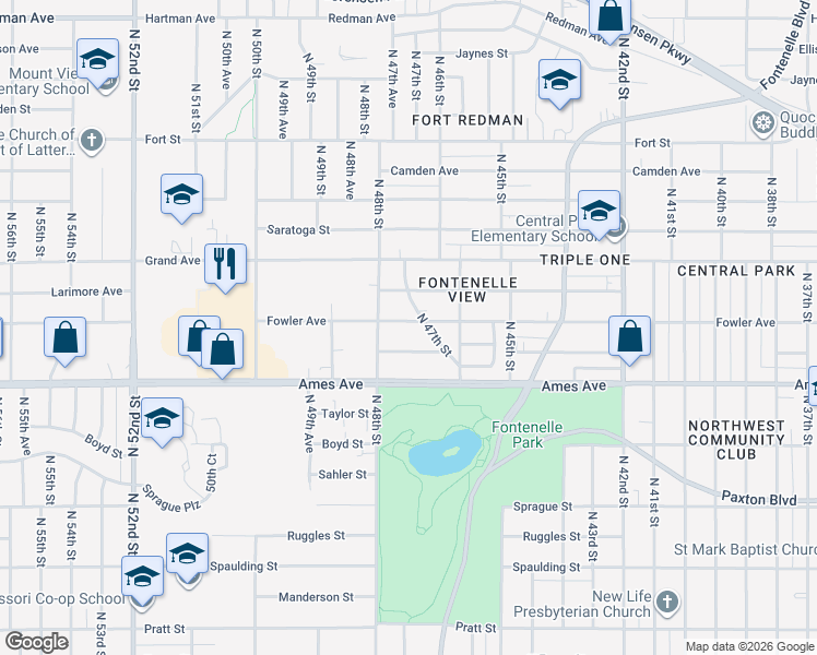 map of restaurants, bars, coffee shops, grocery stores, and more near 4614 North 47th Street in Omaha