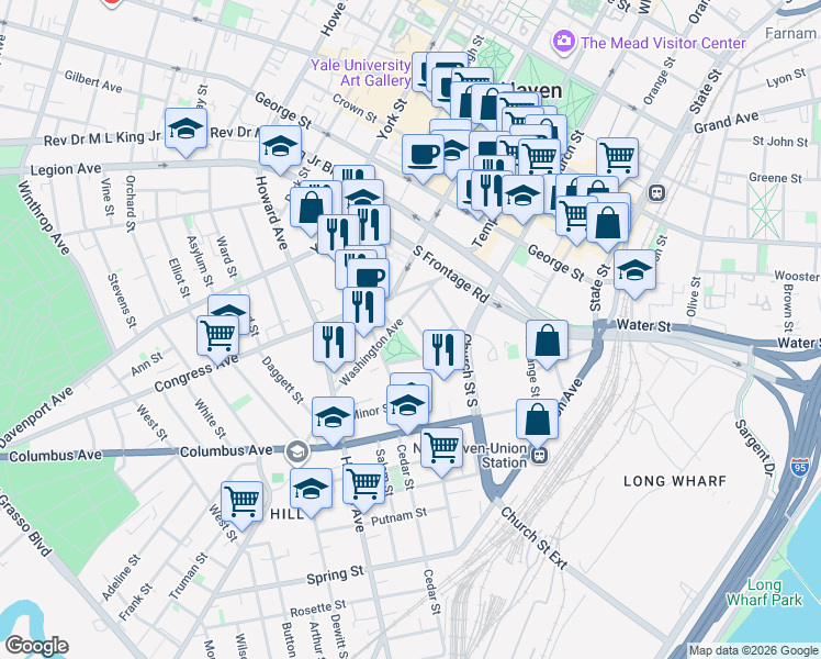 map of restaurants, bars, coffee shops, grocery stores, and more near 22 Gold Street in New Haven