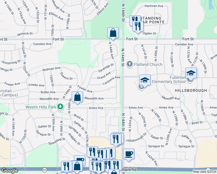 map of restaurants, bars, coffee shops, grocery stores, and more near 14502 Fowler Avenue in Omaha