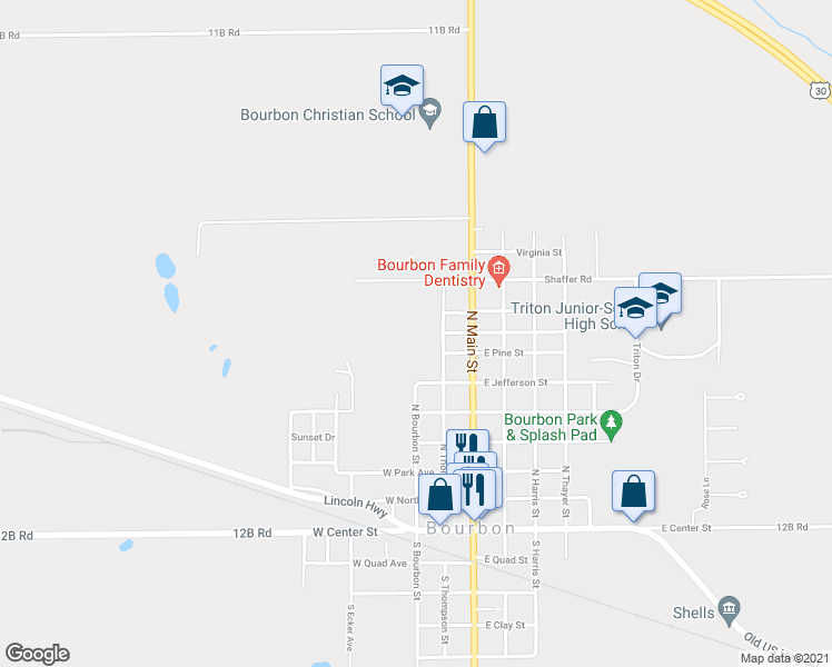 map of restaurants, bars, coffee shops, grocery stores, and more near 200 West Florence Street in Bourbon